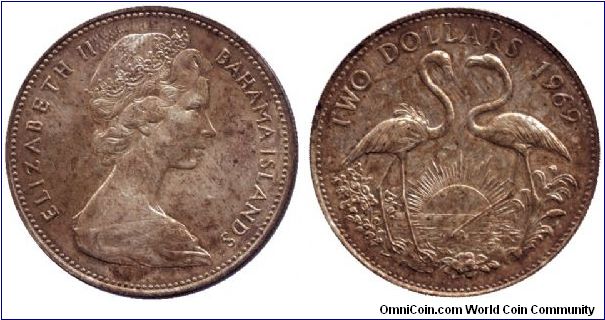 Bahama Islands, 2 dollars, 1969, Ag, Flamingos, Elizabeth II.                                                                                                                                                                                                                                                                                                                                                                                                                                                       