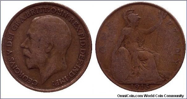 United Kingdom, 1 penny, 1915, Bronze, King George V.                                                                                                                                                                                                                                                                                                                                                                                                                                                               