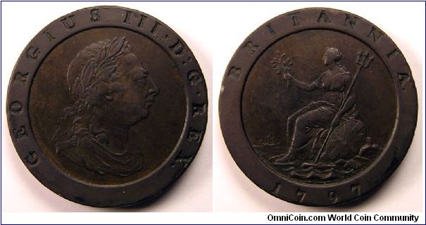 1797 Great Britain, George III, Two Pence. 42mm dia., 5mm thick, Copper. Spink 3776.