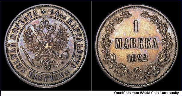 1892 Finland, 1 Markka. Mintage 484,000. KM 3.2