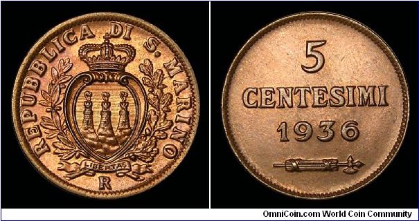 1936 San Marino, 5 Centesimi. Mintage 400,000. KM 12. UNC.