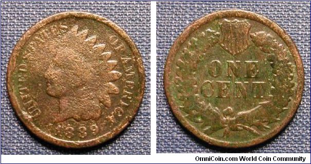 1889 Indian Head Cent, nasty corroded, and green.