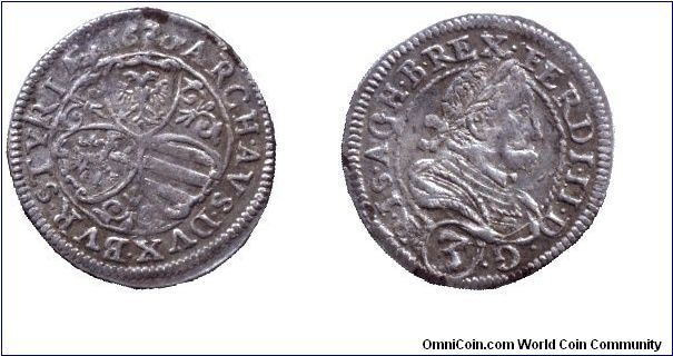 Styria, 3 kreuzer, 1628, Ag, King Ferdinand III (1619-1637, Germo-Roman Emperor as Ferdinand II), Graz Mint.                                                                                                                                                                                                                                                                                                                                                                                                        