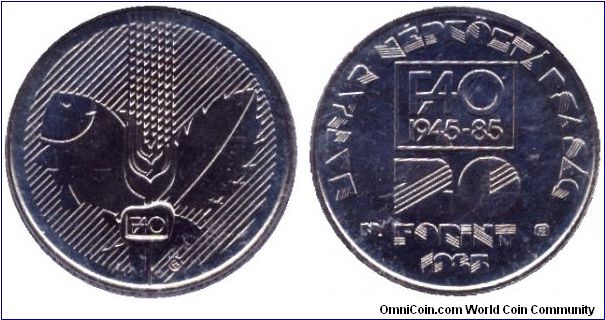 Hungary, 20 forints, 1985, Cu-Ni, 1945-1985, 40 years of FAO.                                                                                                                                                                                                                                                                                                                                                                                                                                                       