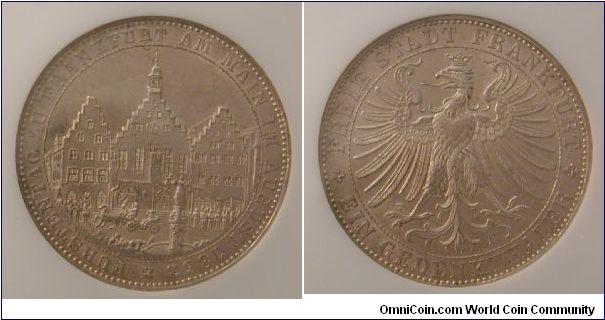 1863 German States Frankfurt Thaler, graded MS-62 in NGC slab.  #2750216-003