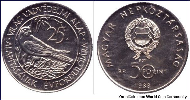 Hungary, 50 forint, 1988, Cu-Ni, 25th Anniversary of World Wide Foundation, Red-footed Falcon.                                                                                                                                                                                                                                                                                                                                                                                                                      