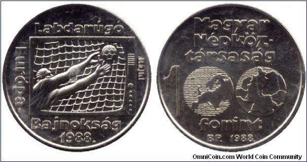 Hungary, 100 forint, 1988, Cu-Ni-Zn, Soccer European Championship - 1988                                                                                                                                                                                                                                                                                                                                                                                                                                            