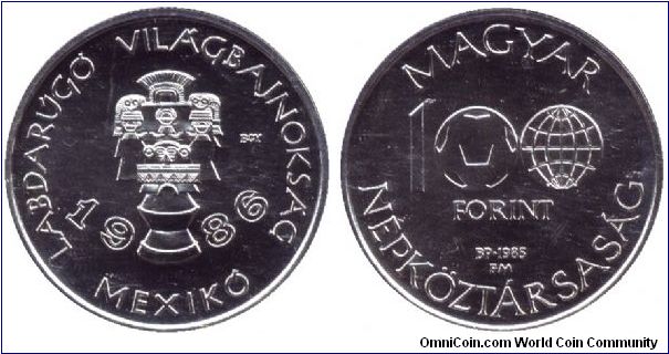 Hungary, 100 forint, 1985, Cu-Ni-Zn, Soccer World Championship Mexico - 1986.                                                                                                                                                                                                                                                                                                                                                                                                                                       