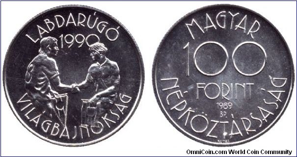 Hungary, 100 forint, Cu-Ni-Zn, Soccer World Championship Italy - 1990.                                                                                                                                                                                                                                                                                                                                                                                                                                              