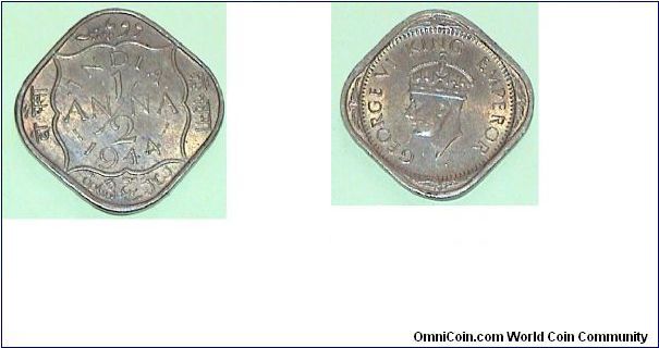 Half Anna. George VI. Brass coin.