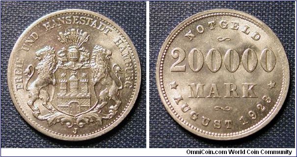 1923 German States Hamburg 200,000 Mark Notgeld Coin, Aluminum.