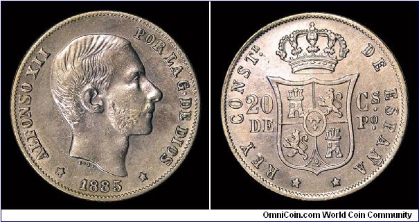 1885 Philippines 20 Centimes. KM 149. These were minted between 1885 and 1898 but all were dated 1885.
