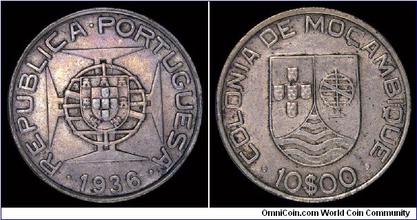 1936 Mozambique 10 Escudos. KM 67. Mintage 497,000.