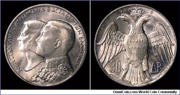 1964 Greece 30 Drachmai. KM 87. Comemmorating the Wedding of Constantine and Anne Marie.