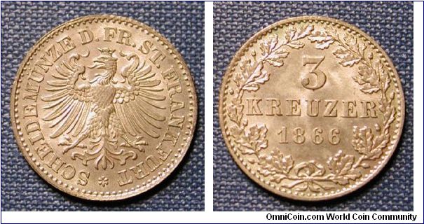 1866 German States Frankfurt 3 Kreuzer