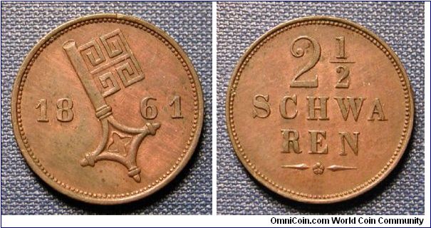 1861 German States Bremen 2 1/2 Schwaren