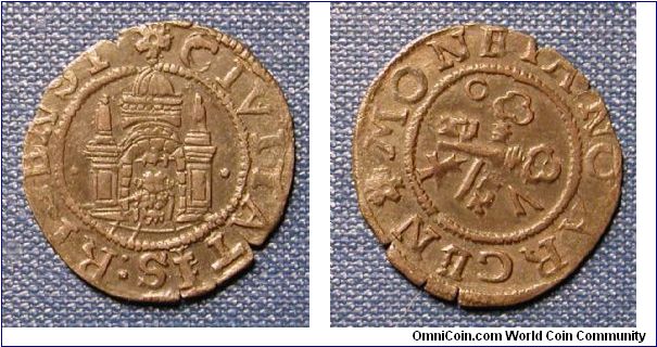 1570 Free City of Riga, 1 schilling, The big coat of arms of Riga, w/o keys above. Legend around: *CIVITATIS.RIGENSIS, The last 2 digits of the date, divided by the small coat of arms of Riga.
Legend around: *MONETA.NO.ARGEN