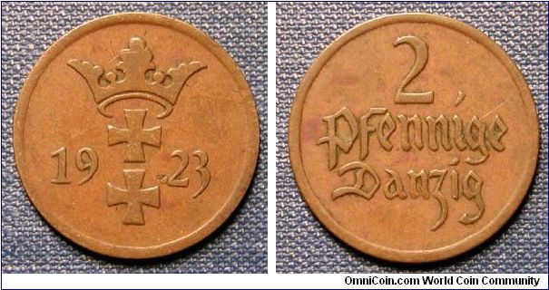 1923 Poland Free City of Danzig 2 Pfennig