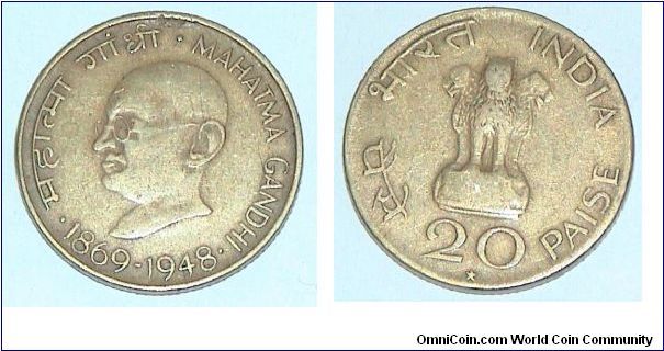 20 Paise. Mahatma Gandhi Death Commemorative. Brass 