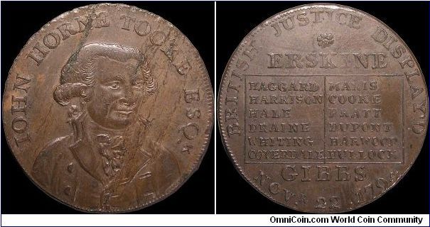 ½ Penny Conder token.

This unusual token features the defendant on one side and the names of his lawyers and the jury that acquitted him on the other. Fairly large planchet breaks show diagonally on the obverse.                                                                                                                                                                                                                                                                                              