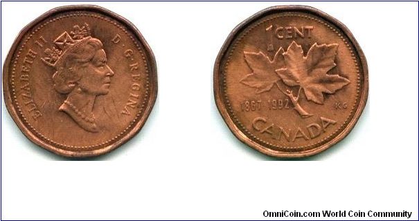 Canada, 1 cent 1992.
Queen Elizabeth II.
Confederation 125.