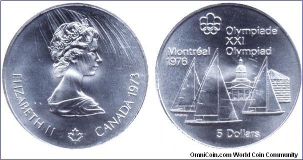 Canada, 5 dollars, 1973, Ag, XXI Olympiad Montréal 1976, Sailing ships, Elizabeth II. Case is worn coin is BU.                                                                                                                                                                                                                                                                                                                                                                                                      