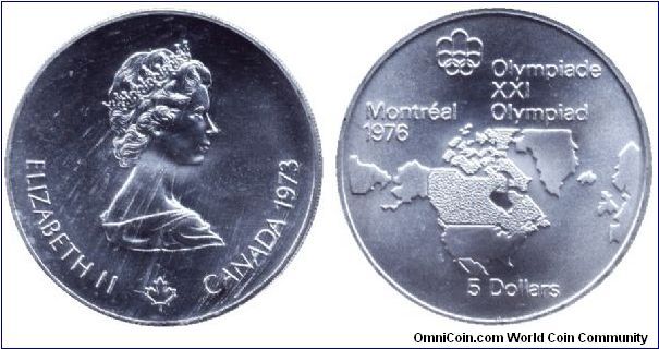 Canada, 5 dollars, 1973, Ag, XXI Olympiad Montréal 1976, map of Canada, Elizabeth II.                                                                                                                                                                                                                                                                                                                                                                                                                               