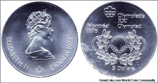 Canada, 5 dollars, 1974, Ag, Olympic rings, Elizabeth II                                                                                                                                                                                                                                                                                                                                                                                                                                                            