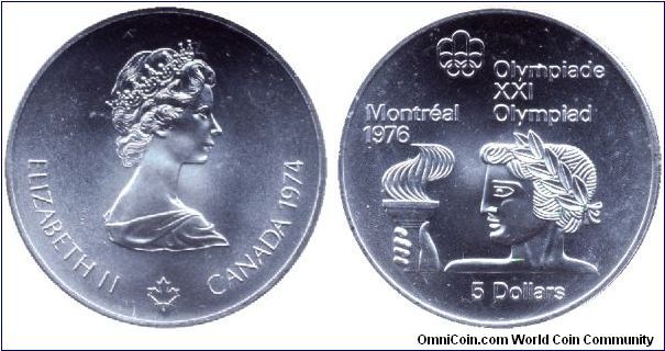 Canada, 5 dollars, 1974, Ag, Athlete with the Olympic torch, Elizabeth II                                                                                                                                                                                                                                                                                                                                                                                                                                           
