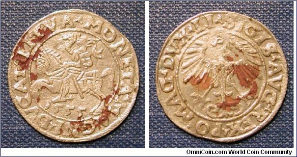 1555 Lithuania Half groschen. Struck in Vilna (present capital now and then of
Lithuania) Weight around 1.7 gm. Small silver coin (20mm in
diameter)  1/120 of a thaler. Mint under Grand Duke of Lithuania Sigismund Augustus II
1544-1572 who was then also a king of Poland. (1546-1572)