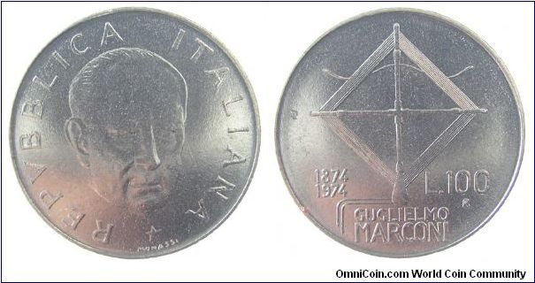 1974 100 Lire
Stainless Steel
Commemorating the birth of Marconi
KM#102