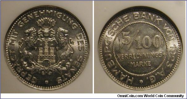 1923 Germany Hamburg, 5/100 mark notgeld, NGC MS65