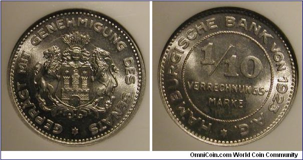 1923 Germany Hamburg, 1/10 mark notgeld, NGC MS66