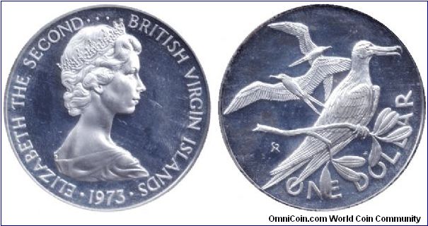 British Virgin Islands, 1 dollar, 1973, Ag, Magnificent Frigate,  Queen Elizabeth II.                                                                                                                                                                                                                                                                                                                                                                                                                               