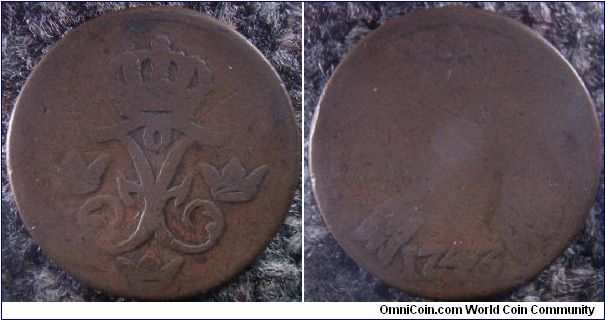 Sweden 1743, likely to be 1 ore. Mass of this coin is 13.1g.