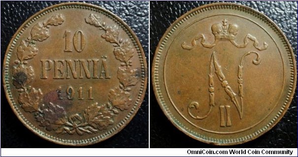 Finland 1911 10 pennia. Nice condition. Weight: 12.96g.
