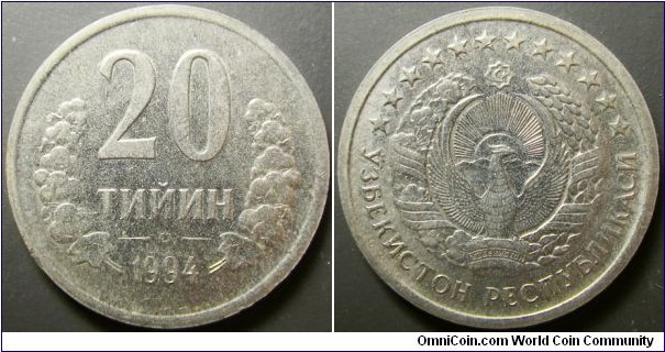 Uzbekistan 1994 20 tiyin. Plain varity. Weight: 3.98g. 