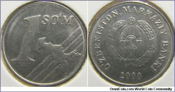 Uzbekistan 2000 1 som. Looks like the design has been stolen from the Euro coinage. (interesting eh?)