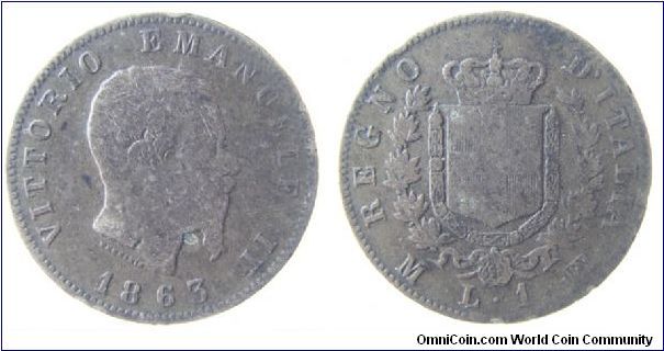 1863-M 1 Lira
KM #5a.1 silver