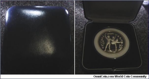 Box of Russia 1993 25 rubles Ballerina Proof. 5oz monster silver coin in it's proper box and COA *somewhere*. Notice that this coin is in a coin capsule a lot larger than it is and held by sponge cushion.