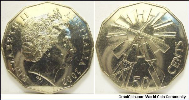 Australia 2002 50 cents. Commemorates the outback (?) but what I see is just a plain windmill. However, don't be mistaken, this is quite common in the rural areas of Australia and was brought by the immigrants of Europeans long time ago.