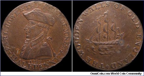 ½ Penny Conder token.

One of the many Lord Howe tokens of 1794-95. This one says 'The Wooden Walls of old England'.                                                                                                                                                                                                                                                                                                                                                                                              