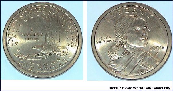 1 Dollar. Woman & child on reverse. Gold colour coin.