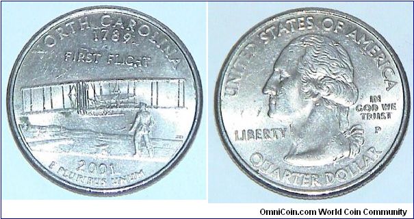 1/4 Dollar. North Carolina state quarter. 1789 First Flight