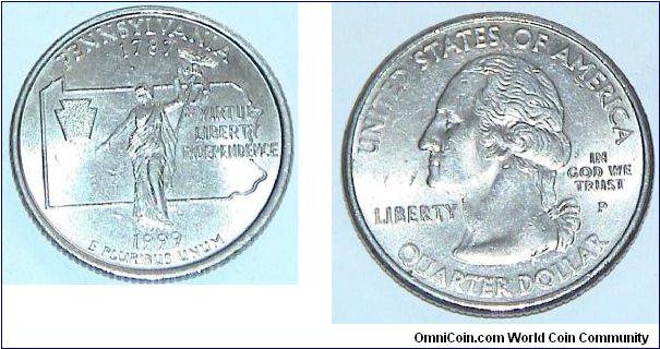 1/4 Dollar. Pennsylvsnia state quarter. 1787 Virtue, Liberty & Independence