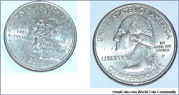 1/4 Dollar. New Hampshire state quarter. 1788 Live Free Ordie Old Man of the Mountain 