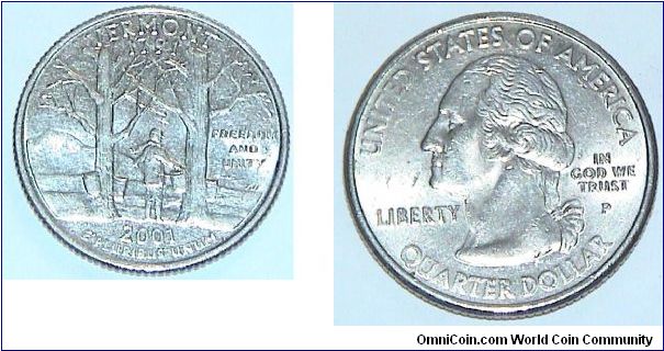 1/4 Dollar. Vermont state quarter. 1791 Freedom & Unity