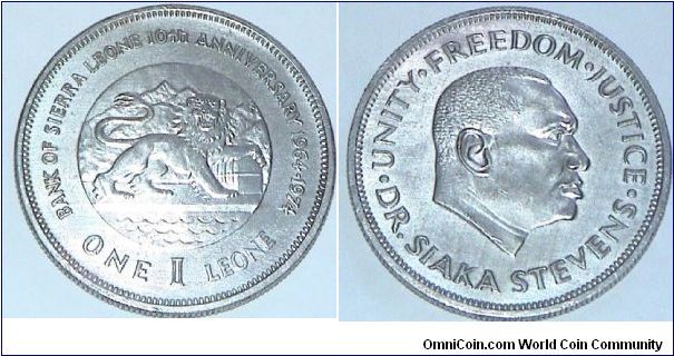 1 Leone. To Commemorate 10th Anniversary of Sierra Leonne's Bank.