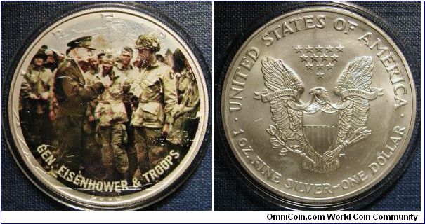 2003 WWII General Eisenhower and Troops Colorized Silver American Eagle