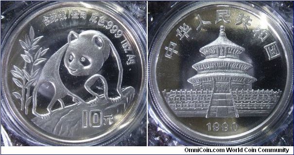 China 1990 10 yuan silver proof. Featuring a panda standing on a rock and the Temple of Heaven. 

Minted in one full ounce of pure silver. 

Looks like a proof coin but the certificate says it's a Brilliant Uncirculated.